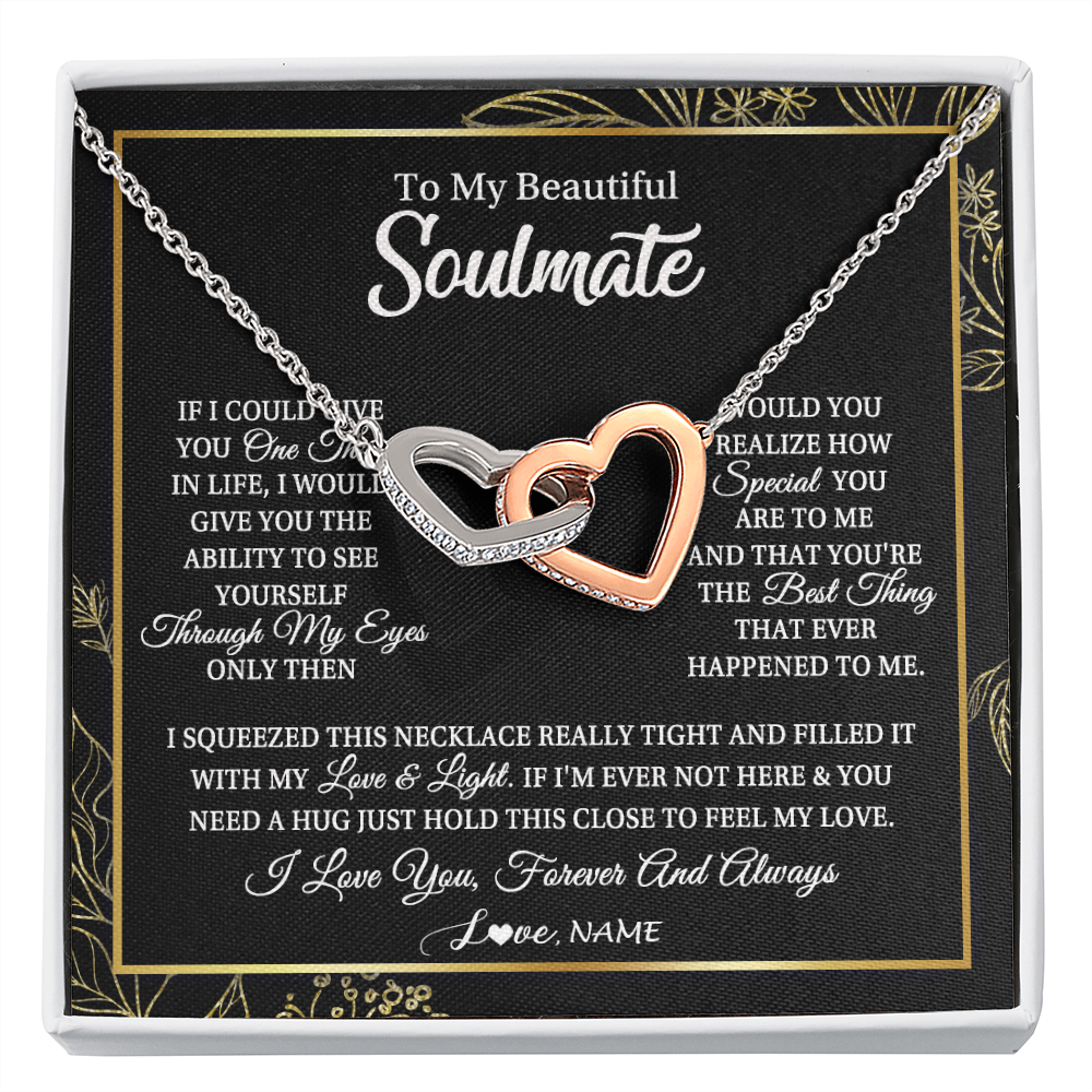 Interlocking Hearts Necklace | Personalized To My Beautiful Soulmate Necklace From Husband Boyfriend Feel My Love For Her Future Wife Girlfriend Birthday Anniversary Customized Message Card | siriusteestore
