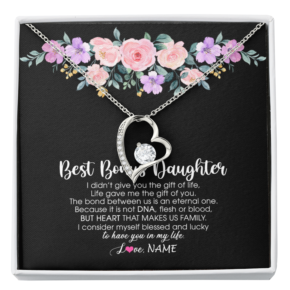 Forever Love Necklace | Personalized To My Best Bonus Daughter Necklace From Bonus Mom Life Gave Me The Gift Of You Step Daughter Jewelry Birthday Christmas Customized Message Card | siriusteestore