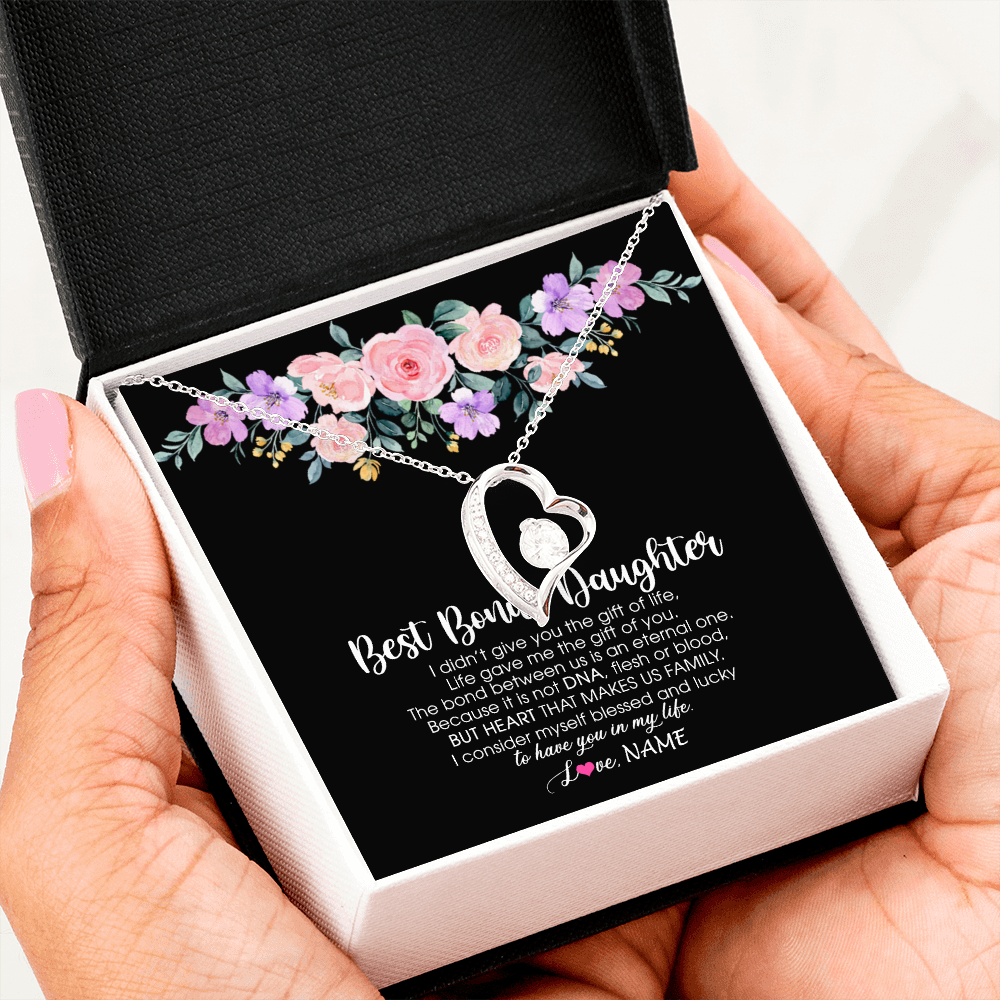 Forever Love Necklace | Personalized To My Best Bonus Daughter Necklace From Bonus Mom Life Gave Me The Gift Of You Step Daughter Jewelry Birthday Christmas Customized Message Card | siriusteestore
