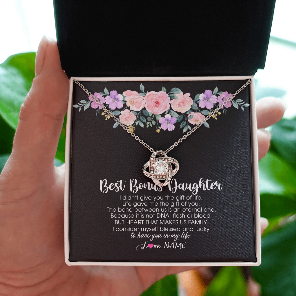 Love Knot Necklace | Personalized To My Best Bonus Daughter Necklace From Bonus Mom Life Gave Me The Gift Of You Step Daughter Jewelry Birthday Christmas Customized Message Card | siriusteestore