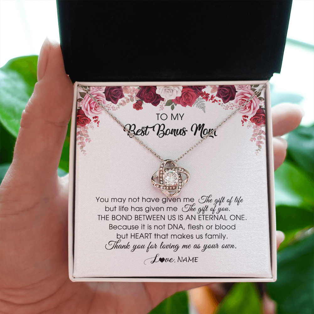 Love Knot Necklace | Personalized To My Best Bonus Mom Necklace from Daughter Thank You For Loving Me Stepmom Jewelry Birthday Mothers Day Christmas Customized Message Card | siriusteestore