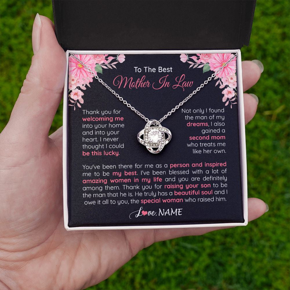 Love Knot Necklace | Personalized To My Best Mother In Law Necklace From Daugter In Law Thank You Husband Mom Mother Birthday Wedding Day Christmas Customized Gift Box Message Card | siriusteestore
