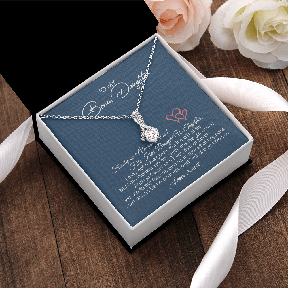 Alluring Beauty Necklace | Personalized To My Bonus Daughter Necklace From Mom Dad We Are Family Forever Jewelry Step Daughter Pendant Birthday Christmas Customized Gift Box Message Card | siriusteestore