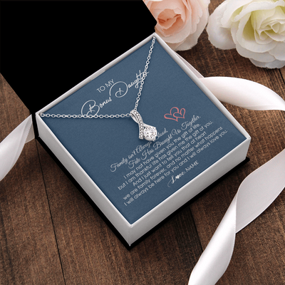 Alluring Beauty Necklace | Personalized To My Bonus Daughter Necklace From Mom Dad We Are Family Forever Jewelry Step Daughter Pendant Birthday Christmas Customized Gift Box Message Card | siriusteestore