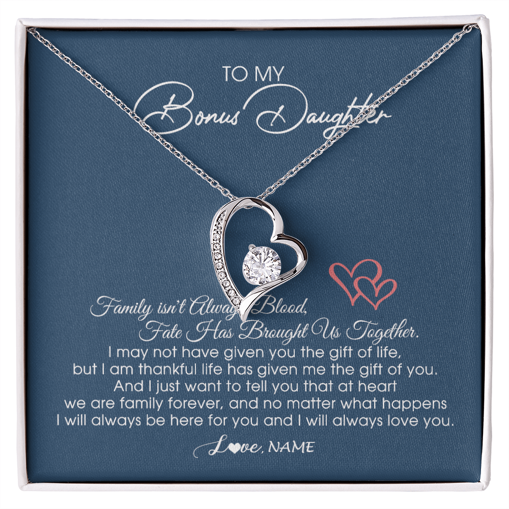 Forever Love Necklace | Personalized To My Bonus Daughter Necklace From Mom Dad We Are Family Forever Jewelry Step Daughter Pendant Birthday Christmas Customized Gift Box Message Card | siriusteestore