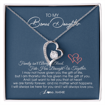 Forever Love Necklace | Personalized To My Bonus Daughter Necklace From Mom Dad We Are Family Forever Jewelry Step Daughter Pendant Birthday Christmas Customized Gift Box Message Card | siriusteestore
