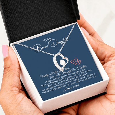 Forever Love Necklace | Personalized To My Bonus Daughter Necklace From Mom Dad We Are Family Forever Jewelry Step Daughter Pendant Birthday Christmas Customized Gift Box Message Card | siriusteestore