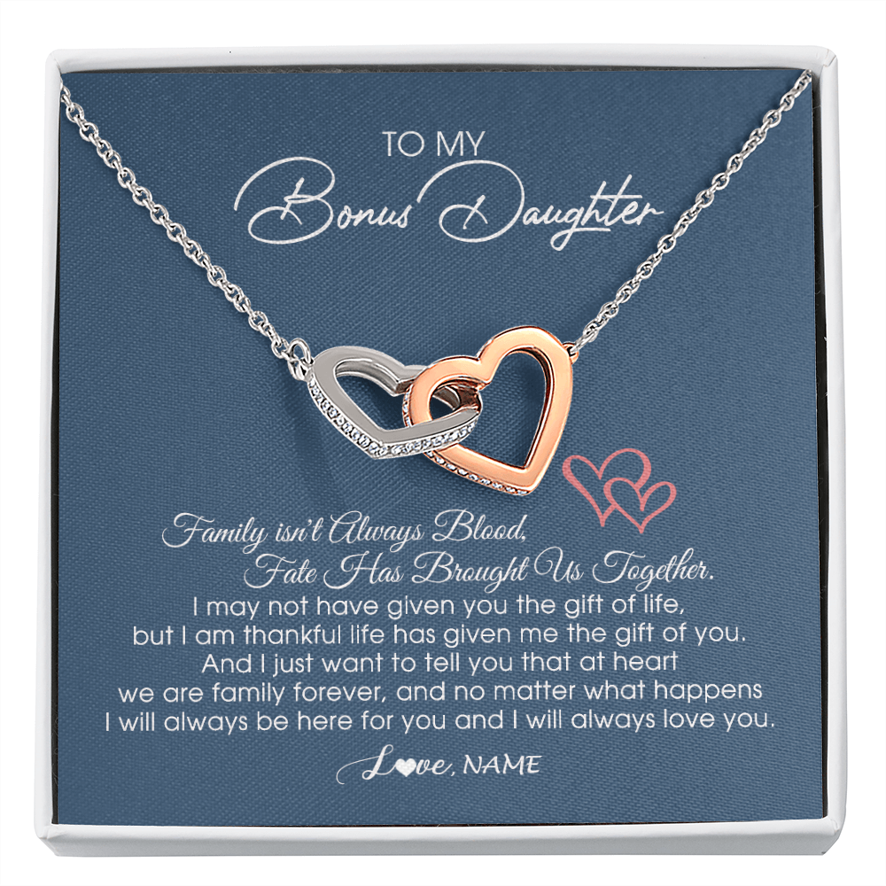 Interlocking Hearts Necklace | Personalized To My Bonus Daughter Necklace From Mom Dad We Are Family Forever Jewelry Step Daughter Pendant Birthday Christmas Customized Gift Box Message Card | siriusteestore