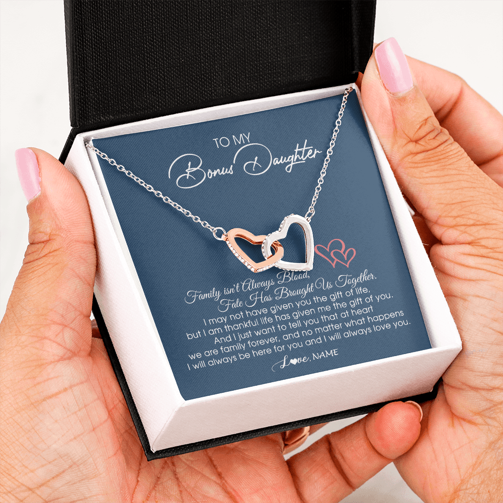 Interlocking Hearts Necklace | Personalized To My Bonus Daughter Necklace From Mom Dad We Are Family Forever Jewelry Step Daughter Pendant Birthday Christmas Customized Gift Box Message Card | siriusteestore