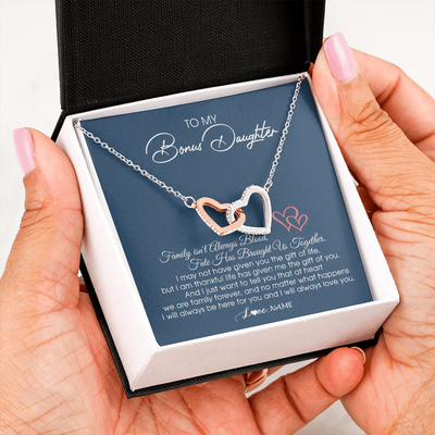 Interlocking Hearts Necklace | Personalized To My Bonus Daughter Necklace From Mom Dad We Are Family Forever Jewelry Step Daughter Pendant Birthday Christmas Customized Gift Box Message Card | siriusteestore