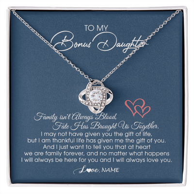 Love Knot Necklace | Personalized To My Bonus Daughter Necklace From Mom Dad We Are Family Forever Jewelry Step Daughter Pendant Birthday Christmas Customized Gift Box Message Card | siriusteestore
