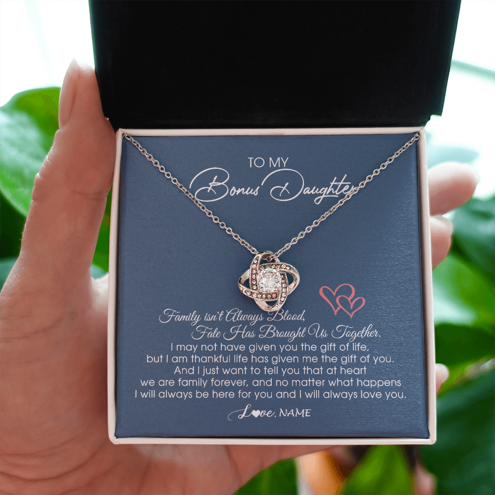 Love Knot Necklace | Personalized To My Bonus Daughter Necklace From Mom Dad We Are Family Forever Jewelry Step Daughter Pendant Birthday Christmas Customized Gift Box Message Card | siriusteestore