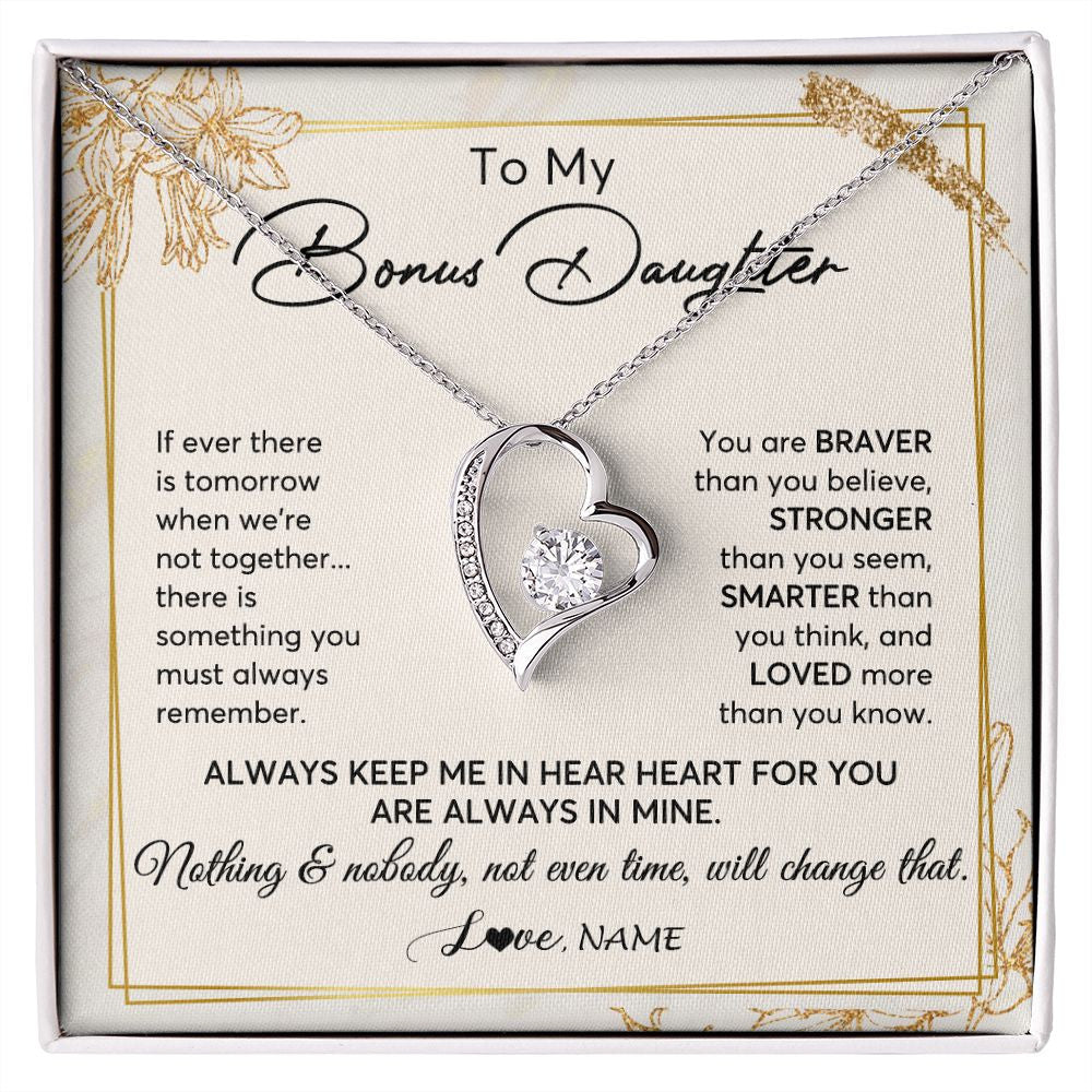 Forever Love Necklace | Personalized To My Bonus Daughter Necklace From Step Mom Always Keep Me In Your Heart Step Daughter Birthday Christmas Customized Gift Box Message Card | siriusteestore