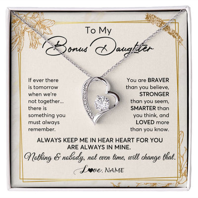 Forever Love Necklace | Personalized To My Bonus Daughter Necklace From Step Mom Always Keep Me In Your Heart Step Daughter Birthday Christmas Customized Gift Box Message Card | siriusteestore