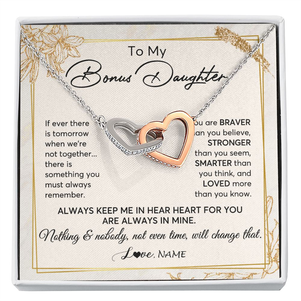 Interlocking Hearts Necklace | Personalized To My Bonus Daughter Necklace From Step Mom Always Keep Me In Your Heart Step Daughter Birthday Christmas Customized Gift Box Message Card | siriusteestore