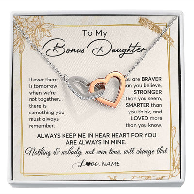 Interlocking Hearts Necklace | Personalized To My Bonus Daughter Necklace From Step Mom Always Keep Me In Your Heart Step Daughter Birthday Christmas Customized Gift Box Message Card | siriusteestore