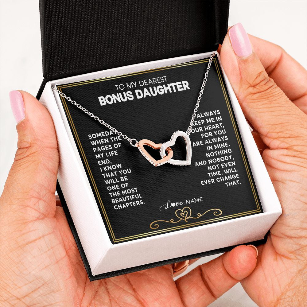 Interlocking Hearts Necklace | Personalized To My Bonus Daughter Necklace From Step Mother When The Pages Of My Life End Stepdaughter Birthday Christmas Customized Gift Box Message Card | siriusteestore
