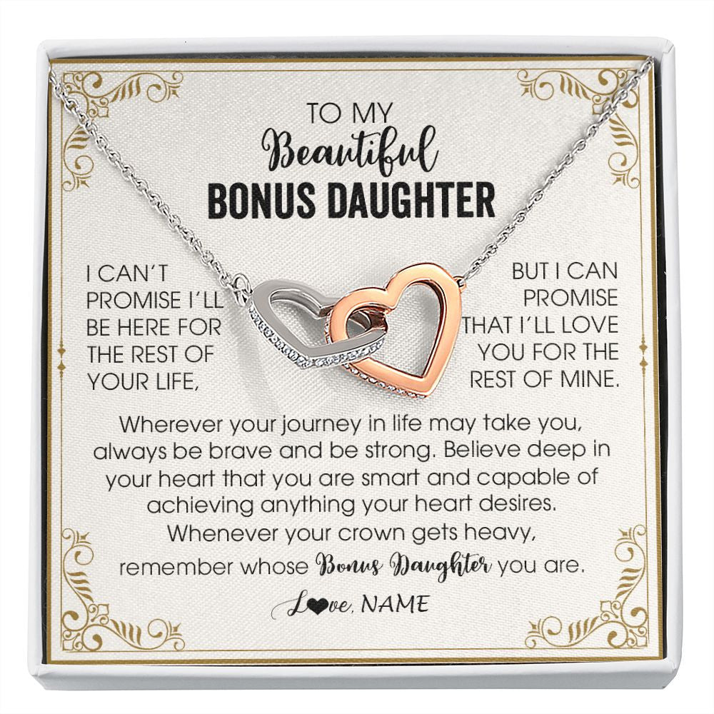 Interlocking Hearts Necklace | Personalized To My Bonus Daughter Necklace From Step Mother Wherever Your Journey in Life There Birthday Graduation Christmas Customized Gift Box Message Card | siriusteestore