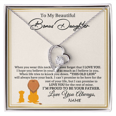 Forever Love Necklace | Personalized To My Bonus Daughter Necklace From Stepdad I'M Proud To Be Your Father Lion Stepdaughter Birthday Christmas Customized Gift Box Message Card | siriusteestore