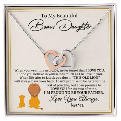 Interlocking Hearts Necklace | Personalized To My Bonus Daughter Necklace From Stepdad I'M Proud To Be Your Father Lion Stepdaughter Birthday Christmas Customized Gift Box Message Card | siriusteestore