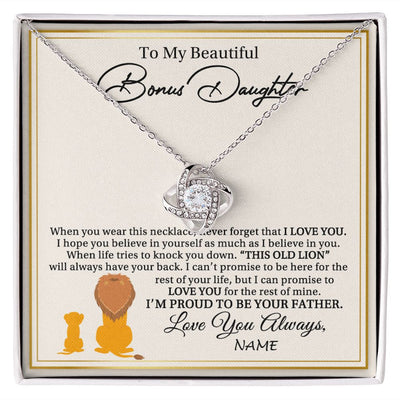 Love Knot Necklace | Personalized To My Bonus Daughter Necklace From Stepdad I'M Proud To Be Your Father Lion Stepdaughter Birthday Christmas Customized Gift Box Message Card | siriusteestore
