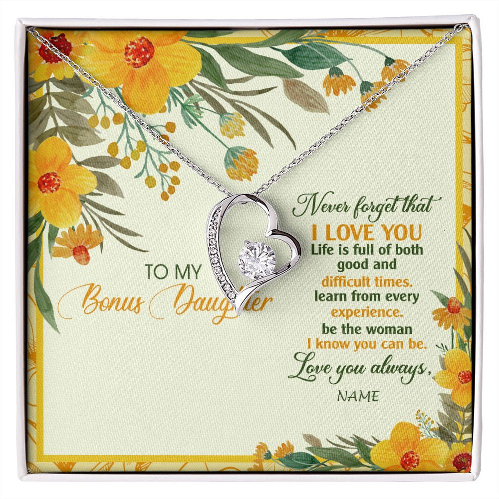 Forever Love Necklace | Personalized To My Bonus Daughter Necklace From Stepmom Flower Never Forget That I Love You Stepdaughter Birthday Christmas Customized Gift Box Message Card | siriusteestore