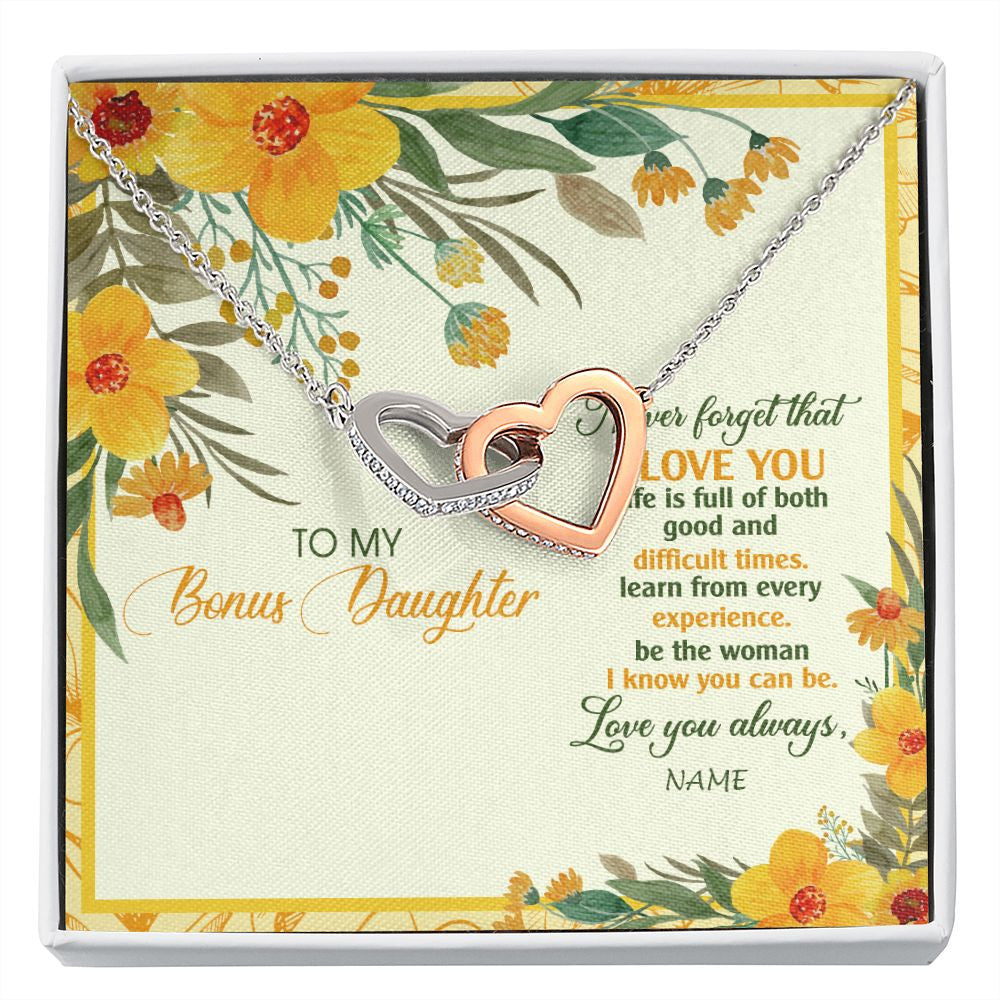 Interlocking Hearts Necklace | Personalized To My Bonus Daughter Necklace From Stepmom Flower Never Forget That I Love You Stepdaughter Birthday Christmas Customized Gift Box Message Card | siriusteestore
