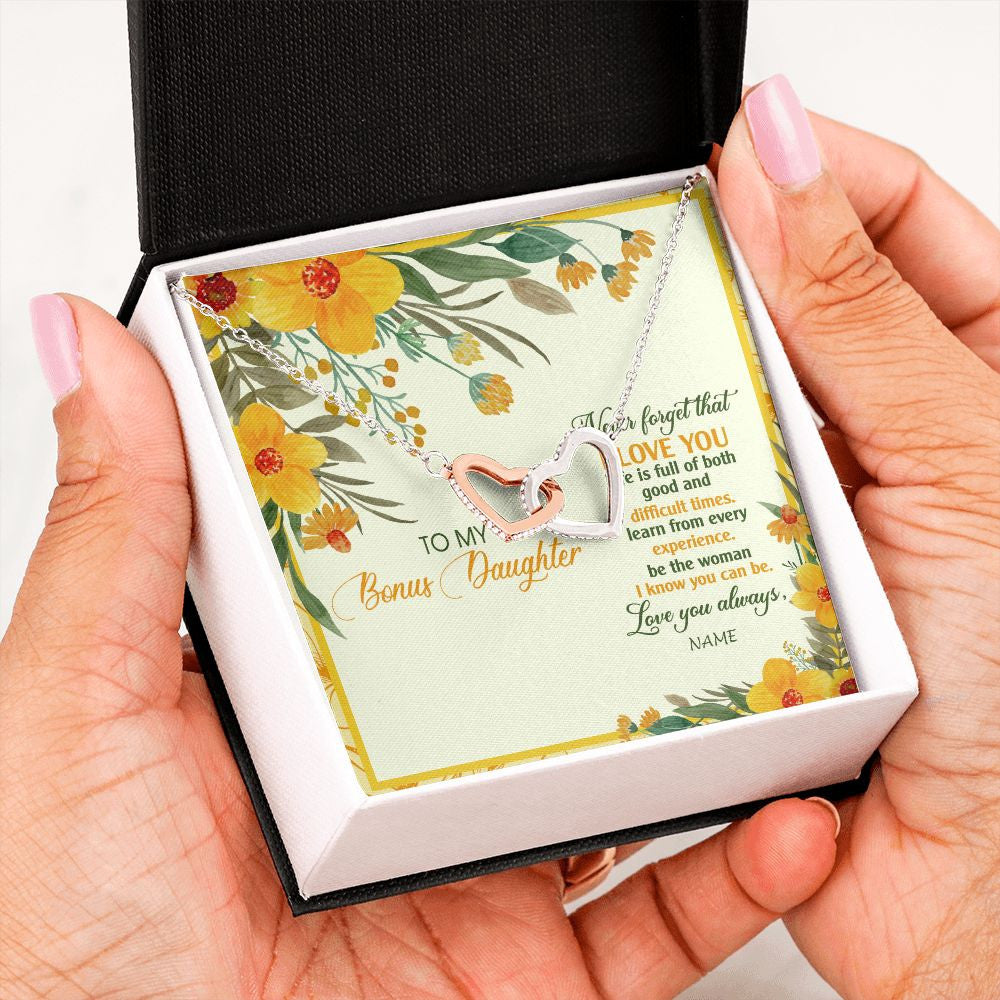Interlocking Hearts Necklace | Personalized To My Bonus Daughter Necklace From Stepmom Flower Never Forget That I Love You Stepdaughter Birthday Christmas Customized Gift Box Message Card | siriusteestore