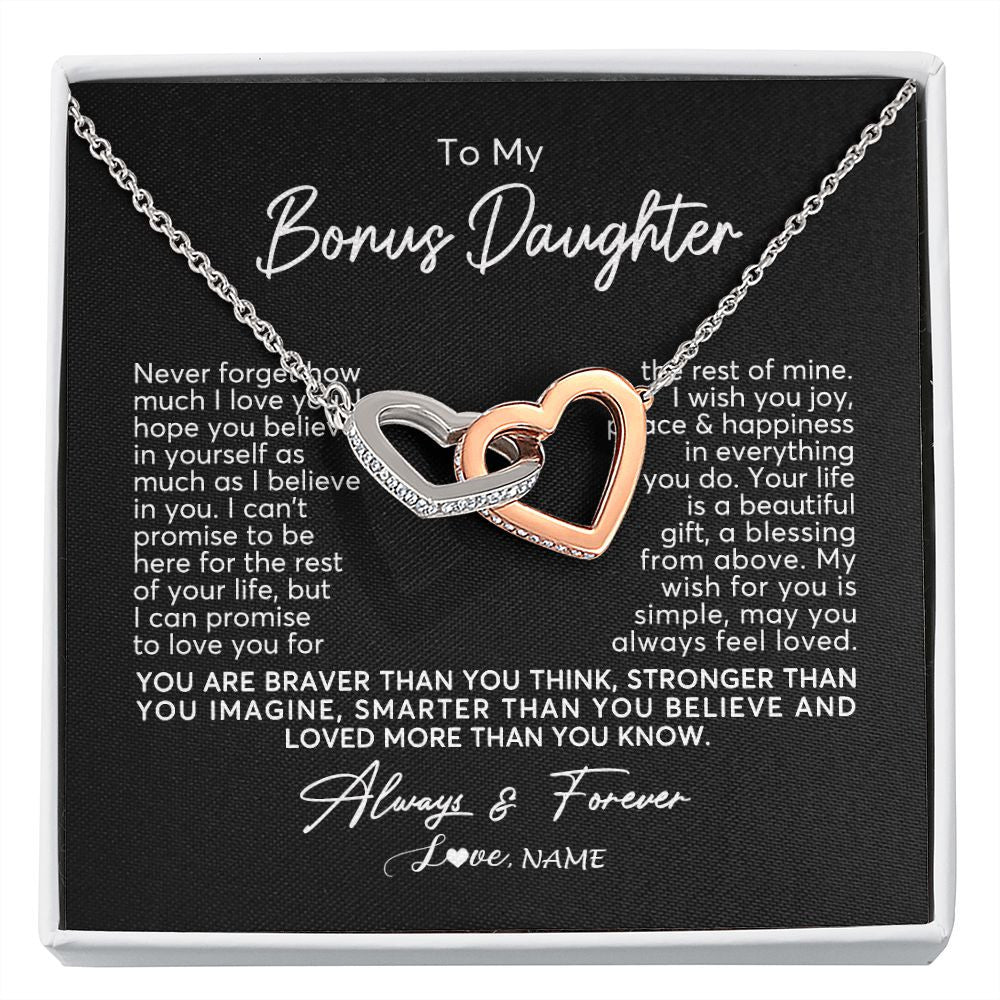 Interlocking Hearts Necklace | Personalized To My Bonus Daughter Necklace From Stepmom Never Forget How Much I Love You Stepdaughter Birthday Christmas Customized Gift Box Message Card | siriusteestore