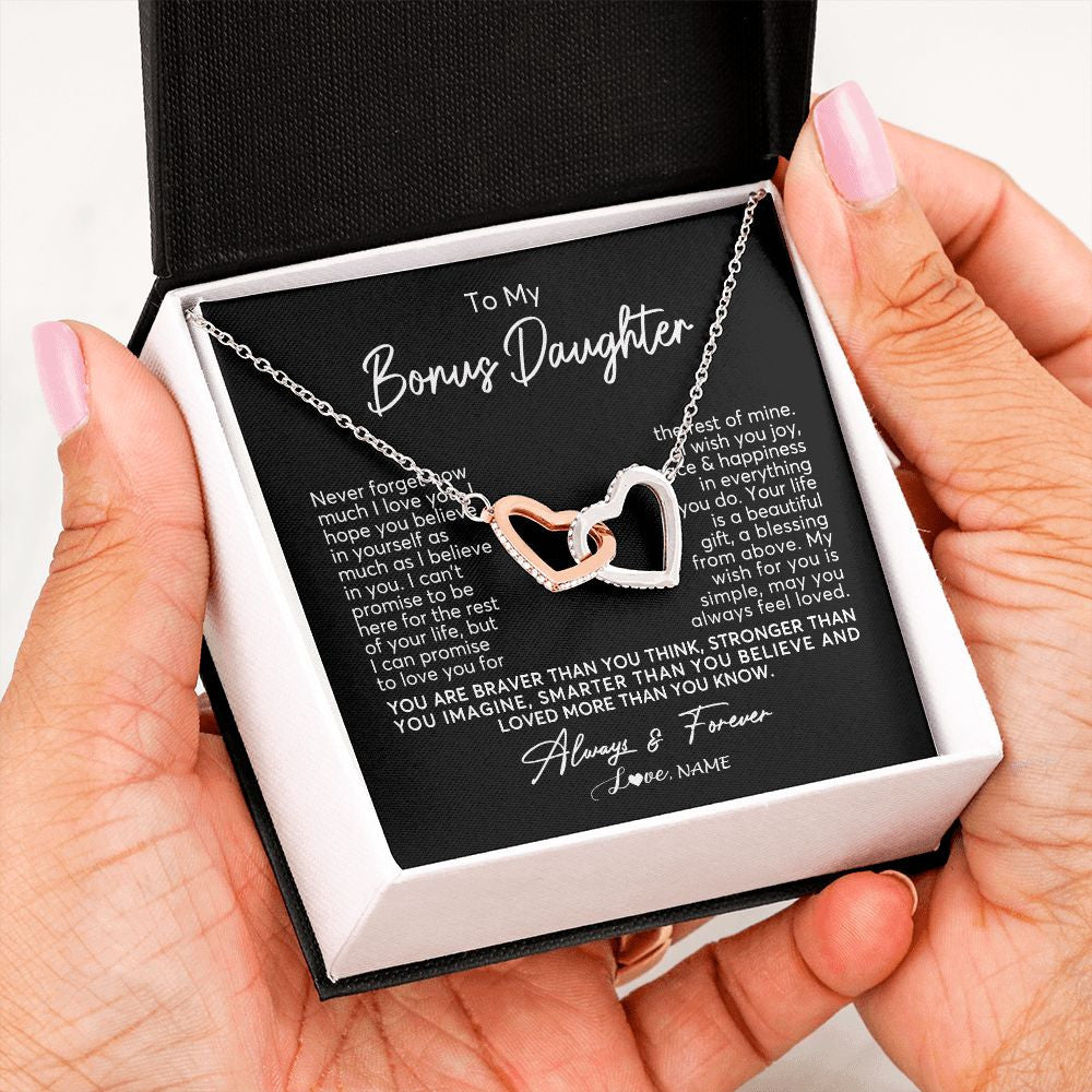 Interlocking Hearts Necklace | Personalized To My Bonus Daughter Necklace From Stepmom Never Forget How Much I Love You Stepdaughter Birthday Christmas Customized Gift Box Message Card | siriusteestore