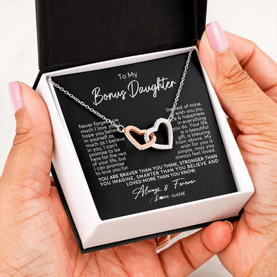 Interlocking Hearts Necklace | Personalized To My Bonus Daughter Necklace From Stepmom Never Forget How Much I Love You Stepdaughter Birthday Christmas Customized Gift Box Message Card | siriusteestore