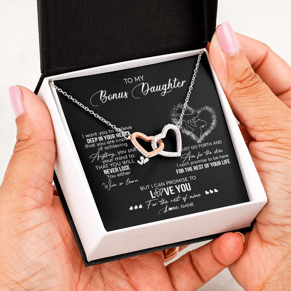 Interlocking Hearts Necklace | Personalized To My Bonus Daughter Necklace From Stepmom Promise To Love You Stepdaughter Birthday Christmas Pendant Customized Gift Box Message Card | siriusteestore