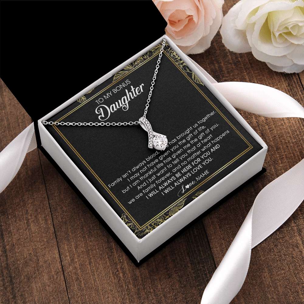 Alluring Beauty Necklace | Personalized To My Bonus Daughter Necklace From Stepmom Stepdad Family Forever Stepdaughter Jewelry Birthday Christmas Customized Gift Box Message Card | siriusteestore