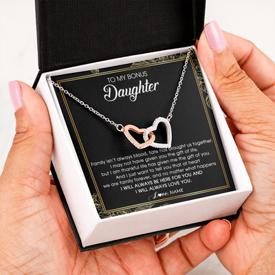 Interlocking Hearts Necklace | Personalized To My Bonus Daughter Necklace From Stepmom Stepdad Family Forever Stepdaughter Jewelry Birthday Christmas Customized Gift Box Message Card | siriusteestore