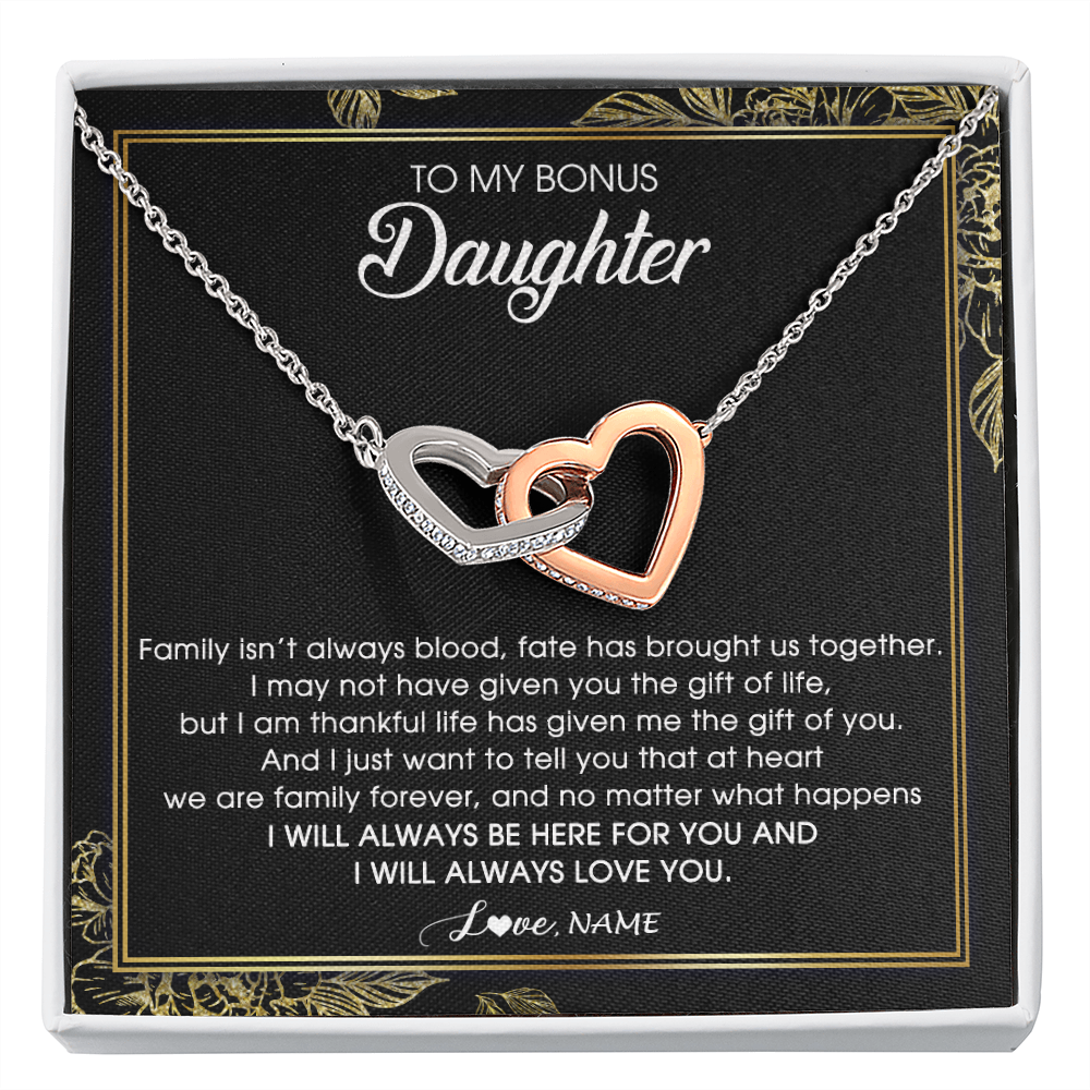 Interlocking Hearts Necklace | Personalized To My Bonus Daughter Necklace From Stepmom Stepdad Family Forever Stepdaughter Jewelry Birthday Christmas Customized Gift Box Message Card | siriusteestore