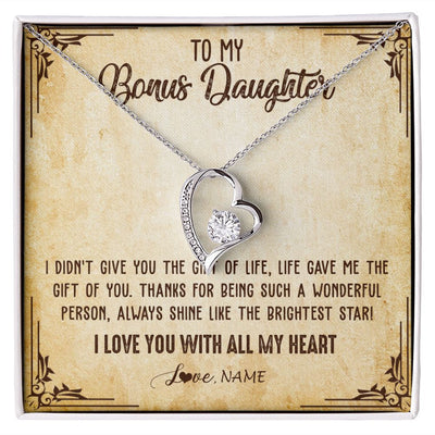 Forever Love Necklace | Personalized To My Bonus Daughter Necklace From Stepmom Stepdad I Love You With All My Heart Stepdaughter Birthday Christmas Customized Gift Box Message Card | siriusteestore