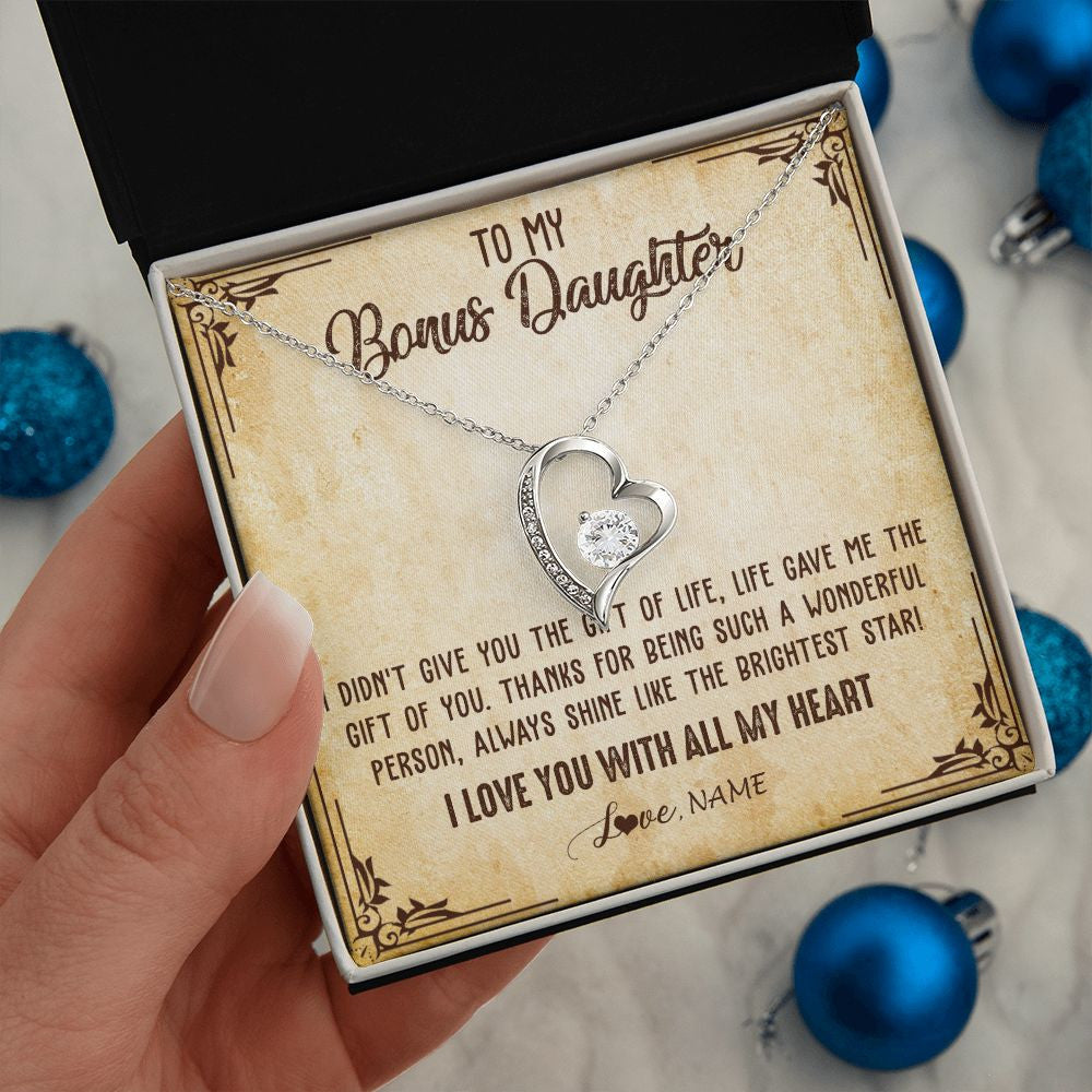 Forever Love Necklace | Personalized To My Bonus Daughter Necklace From Stepmom Stepdad I Love You With All My Heart Stepdaughter Birthday Christmas Customized Gift Box Message Card | siriusteestore