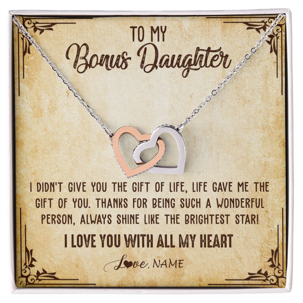 Interlocking Hearts Necklace | Personalized To My Bonus Daughter Necklace From Stepmom Stepdad I Love You With All My Heart Stepdaughter Birthday Christmas Customized Gift Box Message Card | siriusteestore