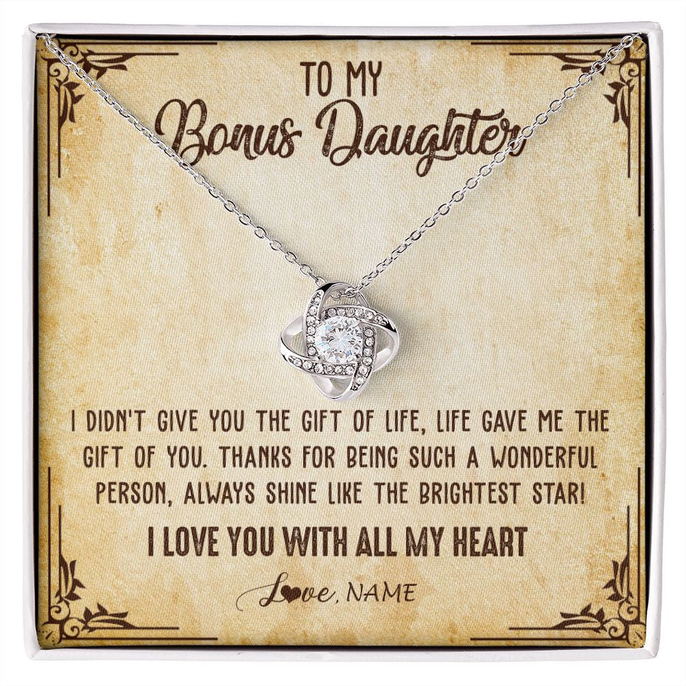 Love Knot Necklace | Personalized To My Bonus Daughter Necklace From Stepmom Stepdad I Love You With All My Heart Stepdaughter Birthday Christmas Customized Gift Box Message Card | siriusteestore