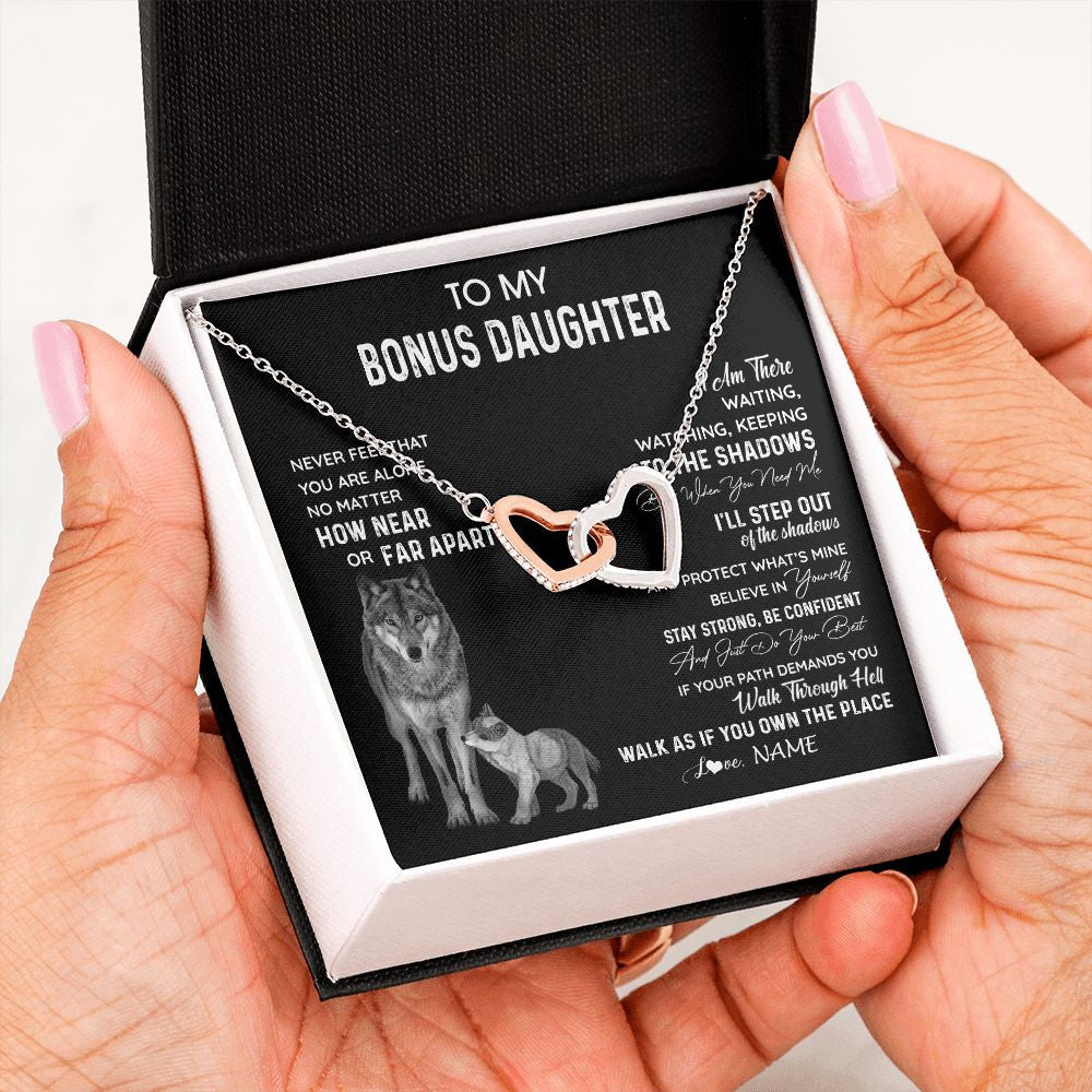 Interlocking Hearts Necklace | Personalized To My Bonus Daughter Necklace From Stepmom Stepdad Never Feel You Are Alone Wolf Stepdaughter Birthday Christmas Customized Gift Box Message Card | siriusteestore