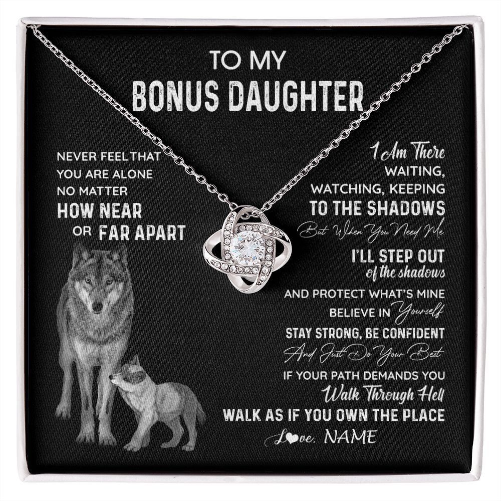 Love Knot Necklace | Personalized To My Bonus Daughter Necklace From Stepmom Stepdad Never Feel You Are Alone Wolf Stepdaughter Birthday Christmas Customized Gift Box Message Card | siriusteestore