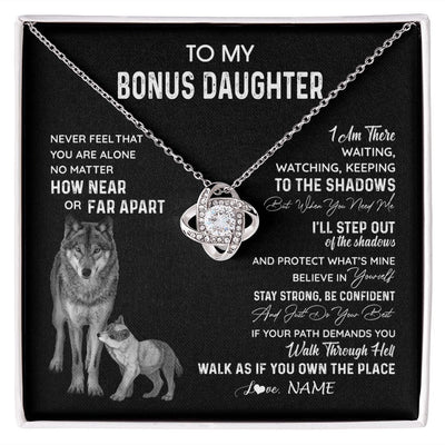 Love Knot Necklace | Personalized To My Bonus Daughter Necklace From Stepmom Stepdad Never Feel You Are Alone Wolf Stepdaughter Birthday Christmas Customized Gift Box Message Card | siriusteestore