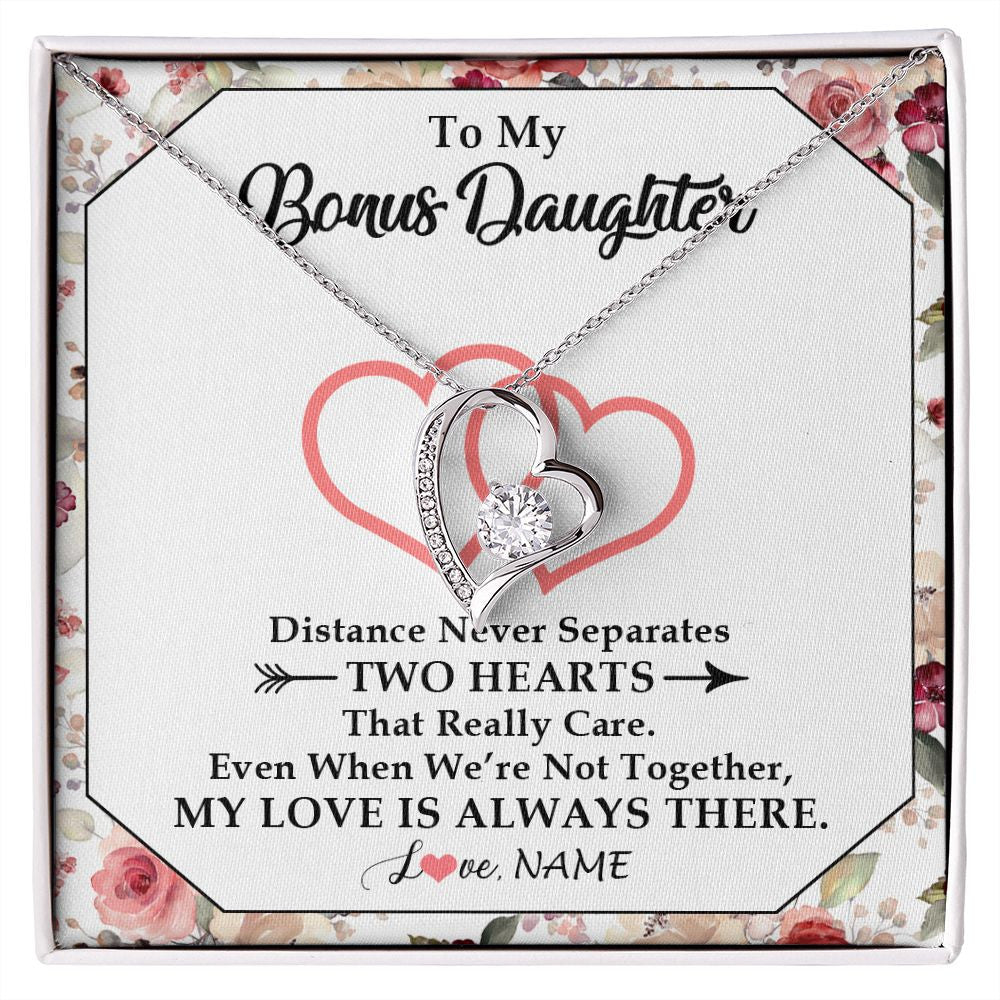 Forever Love Necklace | Personalized To My Bonus Daughter Necklace From Stepmom Two Hearts Together Stepdaughter Birthday Christmas Customized Gift Box Message Card | siriusteestore