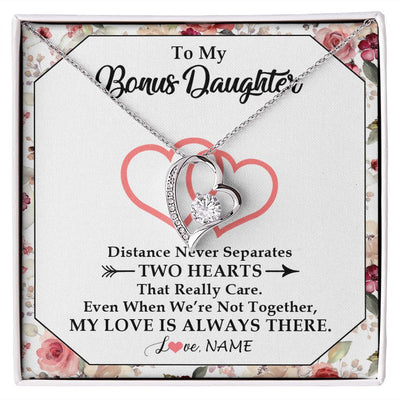 Forever Love Necklace | Personalized To My Bonus Daughter Necklace From Stepmom Two Hearts Together Stepdaughter Birthday Christmas Customized Gift Box Message Card | siriusteestore