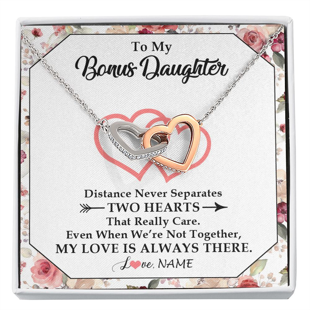 Interlocking Hearts Necklace | Personalized To My Bonus Daughter Necklace From Stepmom Two Hearts Together Stepdaughter Birthday Christmas Customized Gift Box Message Card | siriusteestore