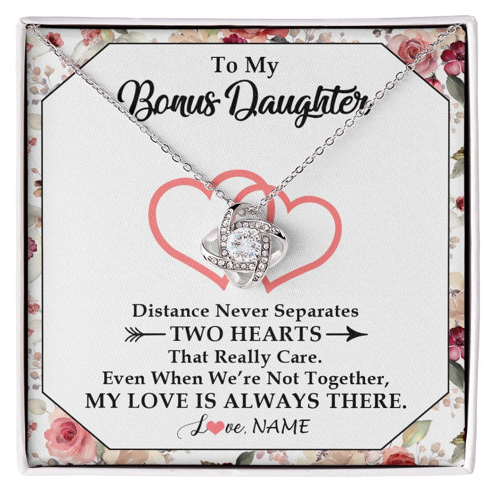 Love Knot Necklace | Personalized To My Bonus Daughter Necklace From Stepmom Two Hearts Together Stepdaughter Birthday Christmas Customized Gift Box Message Card | siriusteestore