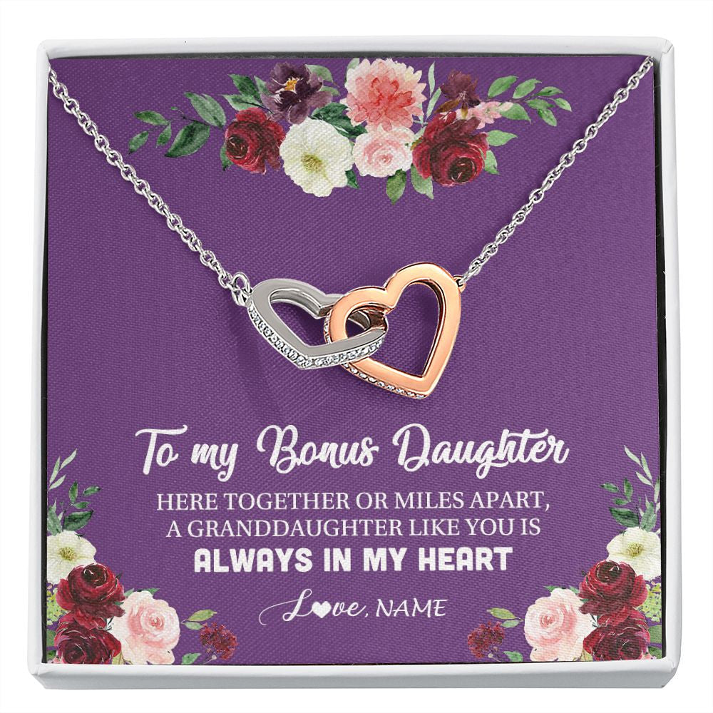 Interlocking Hearts Necklace | Personalized To My Bonus Daughter Necklace From Stepmom You Is Always In My Heart Stepdaughter Birthday Christmas Customized Gift Box Message Card | siriusteestore