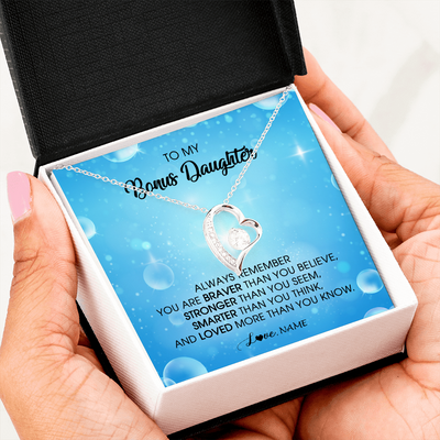 Forever Love Necklace | Personalized To My Bonus Daughter Necklace From Stepmother Always Remember You Are Braver Stepdaughter Jewelry Birthday Christmas Customized Message Card | siriusteestore