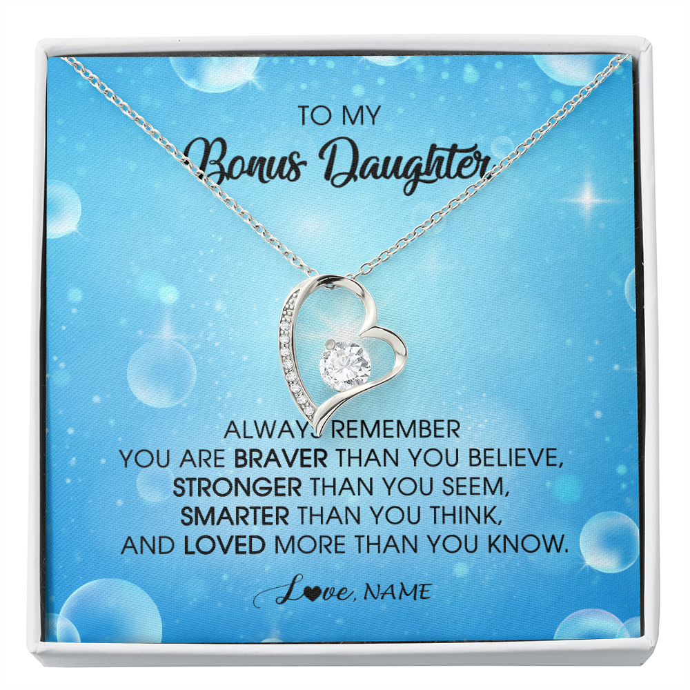 Forever Love Necklace | Personalized To My Bonus Daughter Necklace From Stepmother Always Remember You Are Braver Stepdaughter Jewelry Birthday Christmas Customized Message Card | siriusteestore