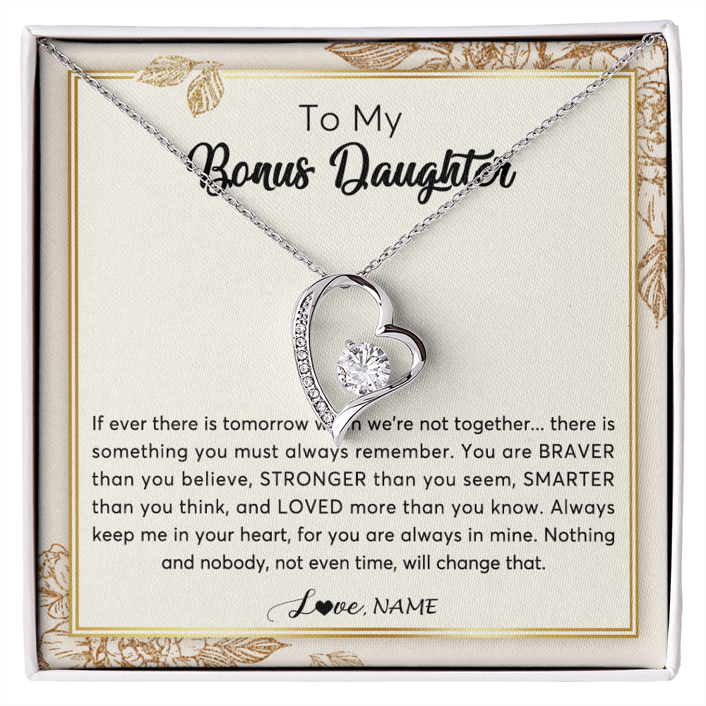 Forever Love Necklace | Personalized To My Bonus Daughter Necklace From Stepmother Braver Stronger Smarter Loved Daughter Jewelry Birthday Christmas Customized Gift Box Message Card | siriusteestore